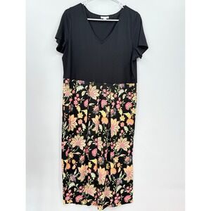 J.Jill‎ Petite Floral Print Maxi Dress Black Short Sleeve V Neck Casual